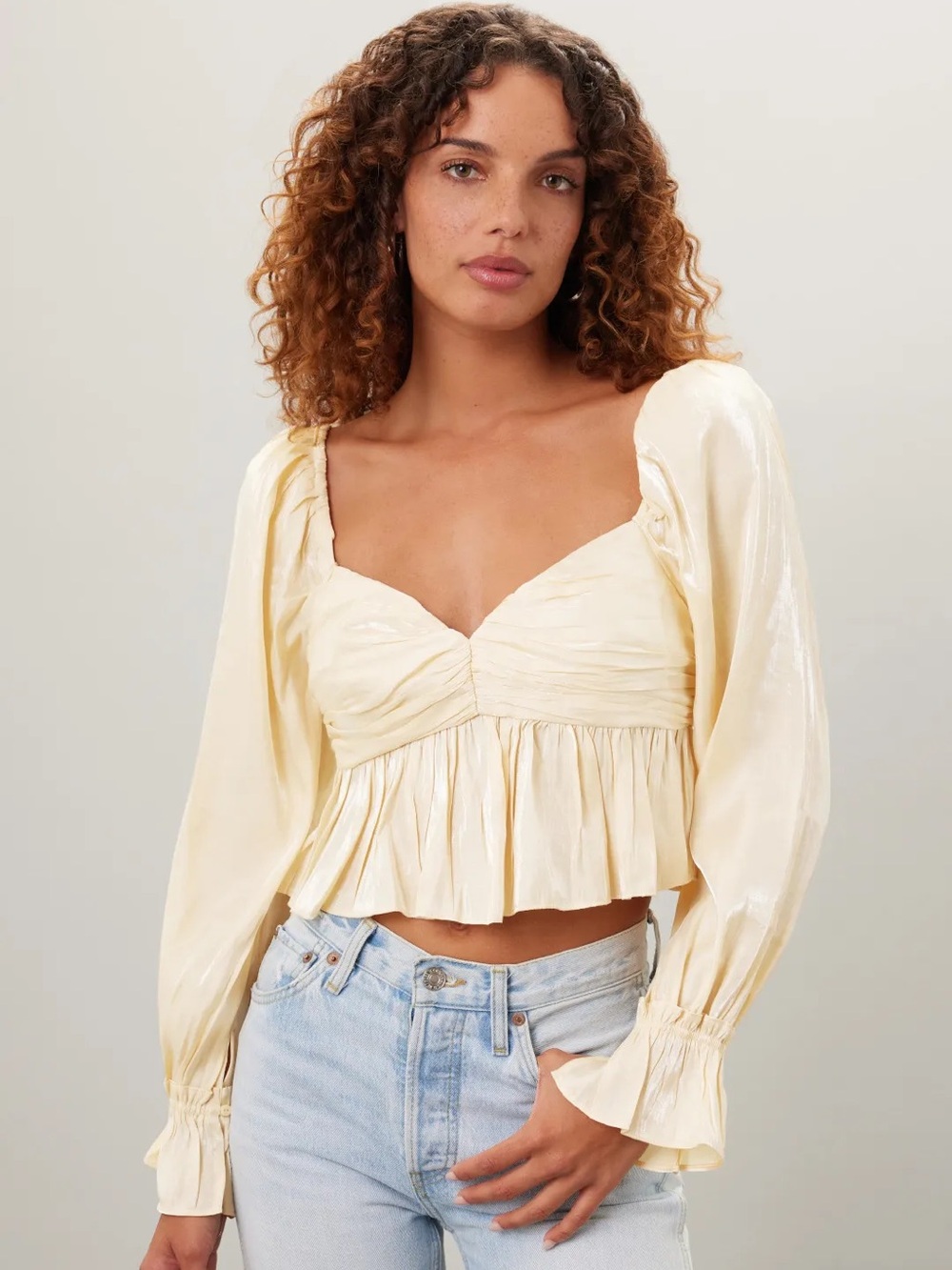 Cream Ruched Sweetheart Long-Sleeve Crop Top